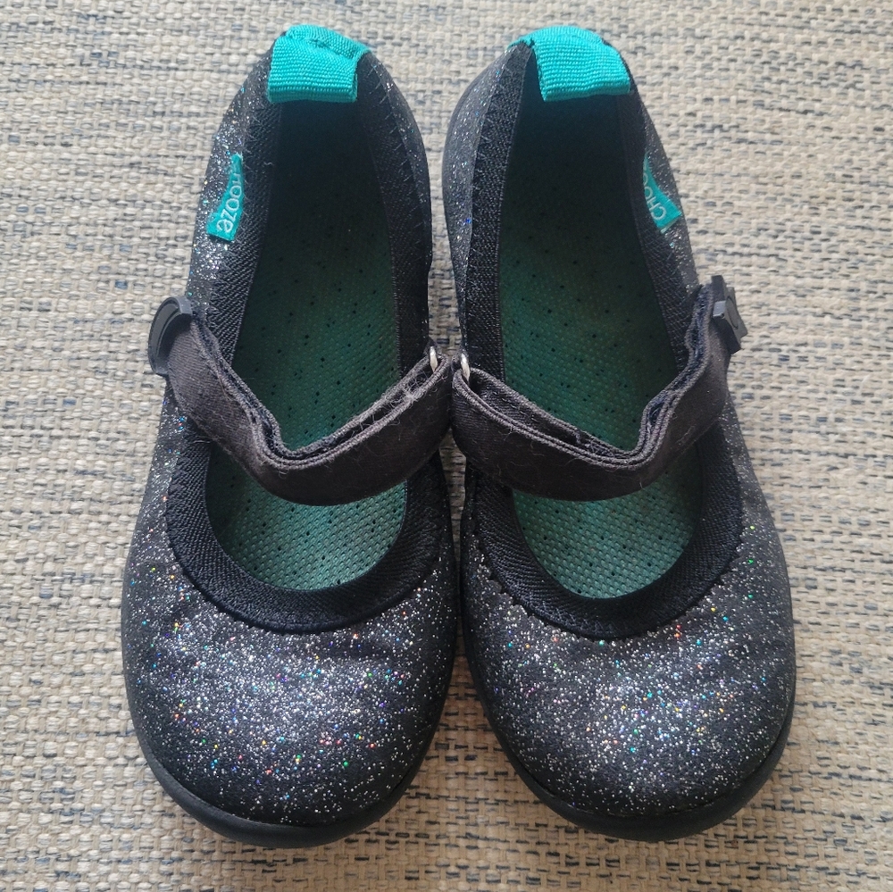 Girl Black Flats Glitter Velcro Strap With Aqua Size 11 CHOOZE